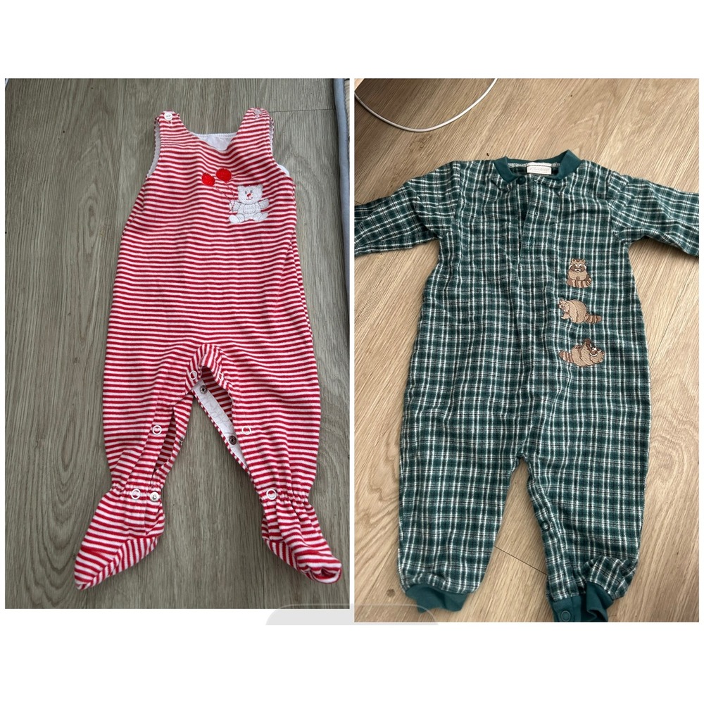 Vintage Carters Baby Romper Bundle Green Plaid‎ Raccoon Red Striped Bear 6-9M